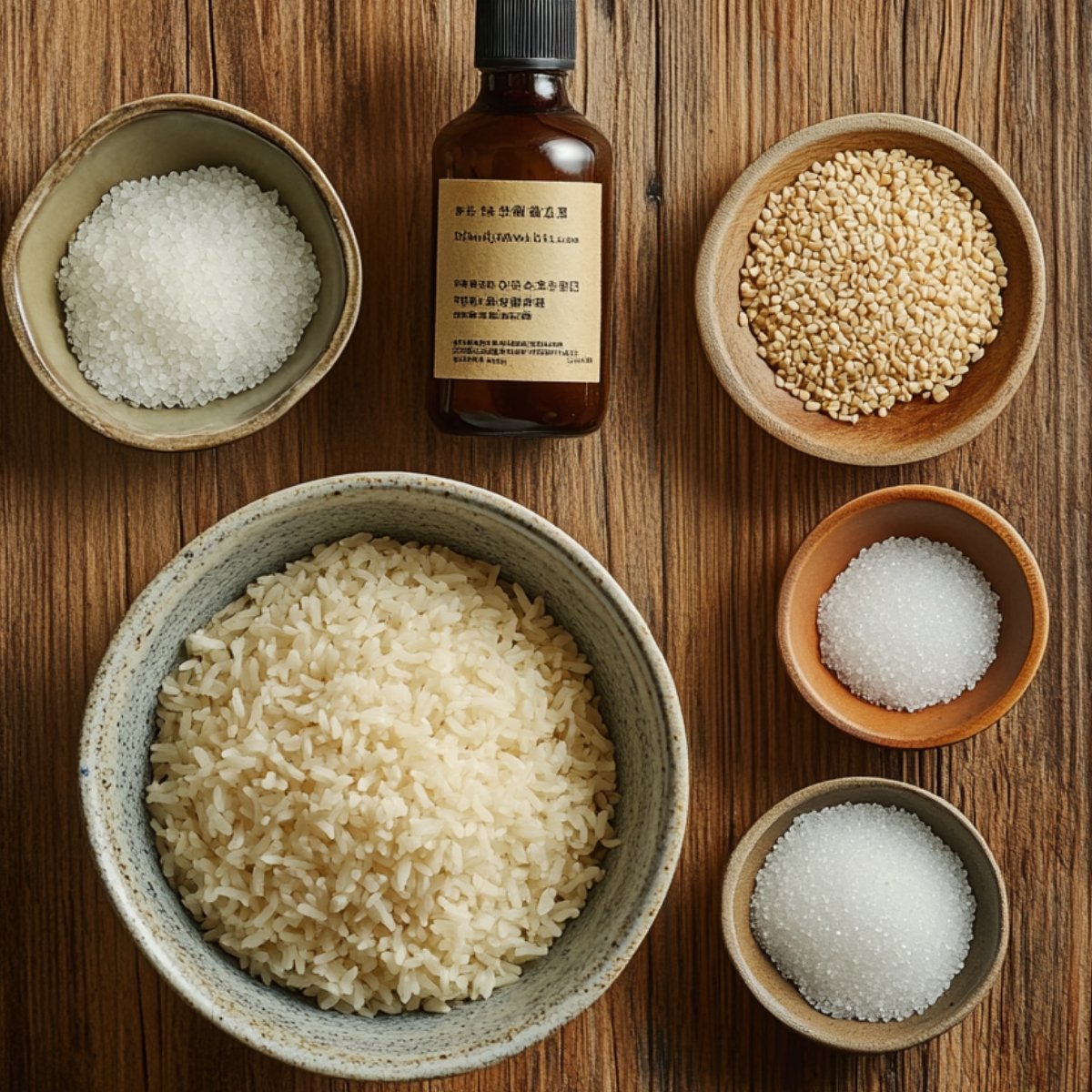 Overhead shot of cooked Japanese rice in a ceramic bowl, surrounded by salt, sugar, sesame seeds, and a bottle of rice vinegar, all placed neatly on a rustic wooden table in a homey, natural setting.