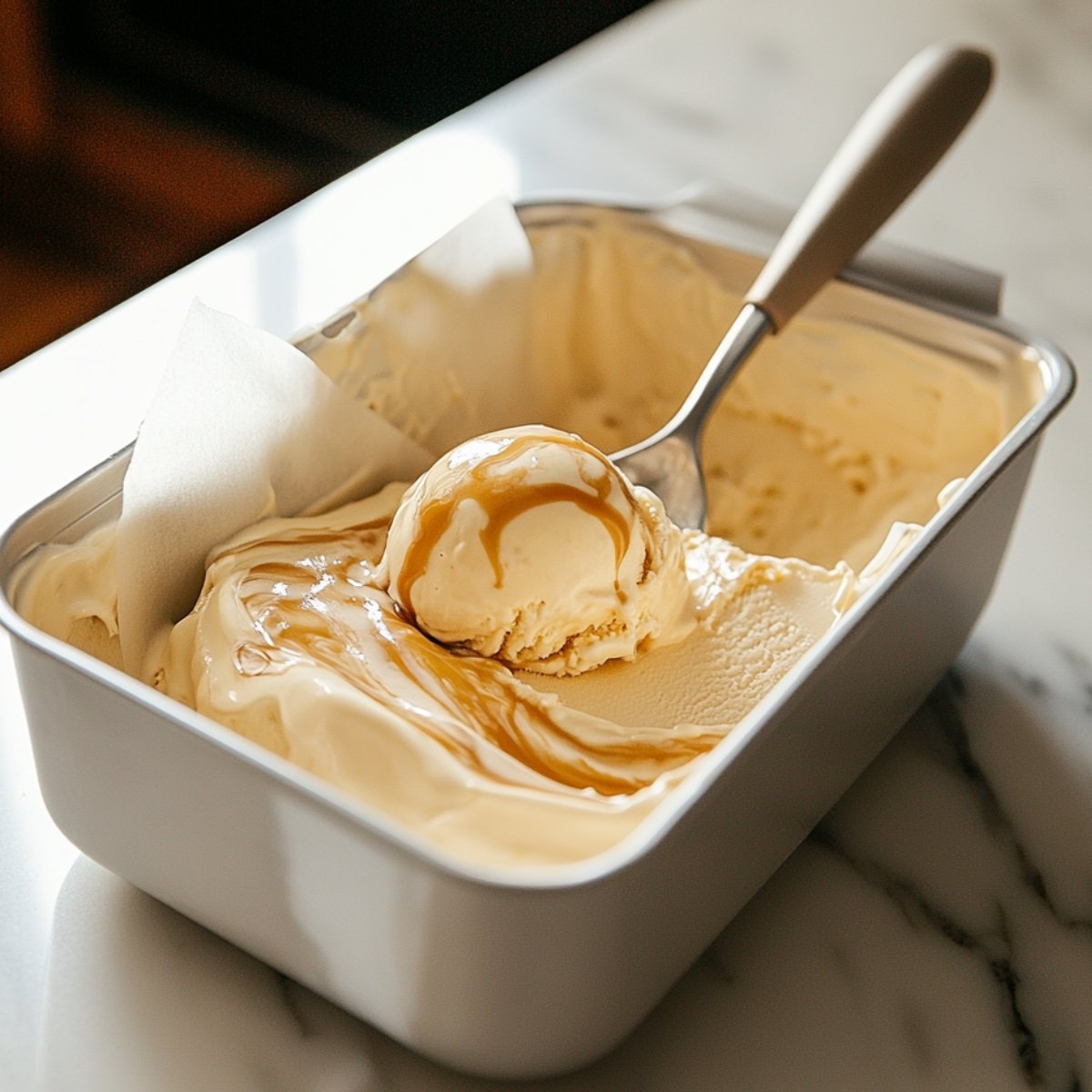 A spoon scoops creamy homemade dulce de leche ice cream from a metal container, with a swirl of caramel drizzled on top. The ice cream is set against a marble countertop, with parchment paper lining the container.