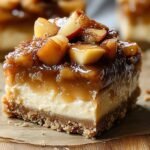 A close-up of a homemade caramel apple cheesecake bar with a crumbly graham cracker crust, creamy cheesecake filling, and topped with caramelized apple pieces glazed in a shiny, amber caramel sauce. The warm, inviting dessert has a glossy finish and a hint of cinnamon.