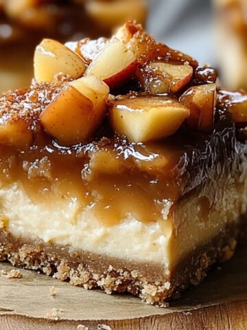A close-up of a homemade caramel apple cheesecake bar with a crumbly graham cracker crust, creamy cheesecake filling, and topped with caramelized apple pieces glazed in a shiny, amber caramel sauce. The warm, inviting dessert has a glossy finish and a hint of cinnamon.