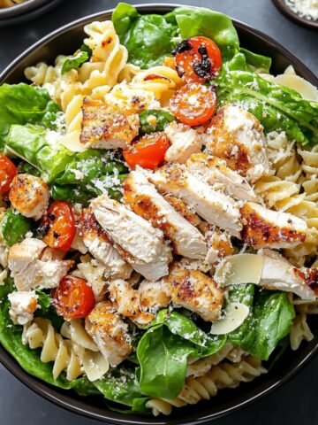 Homemade chicken Caesar pasta salad in a black bowl, with rotini pasta, fresh spinach, halved cherry tomatoes, and grilled chicken breast slices. Topped with grated Parmesan cheese and a light sprinkle of black pepper, showcasing a balance of textures and freshness.