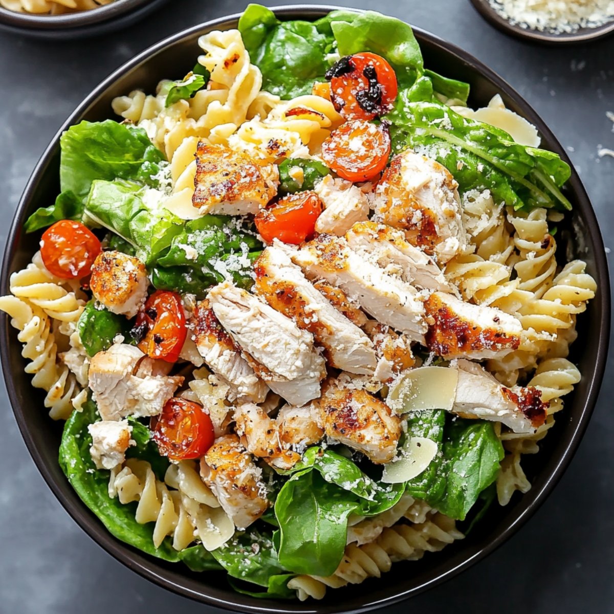 Homemade chicken Caesar pasta salad in a black bowl, with rotini pasta, fresh spinach, halved cherry tomatoes, and grilled chicken breast slices. Topped with grated Parmesan cheese and a light sprinkle of black pepper, showcasing a balance of textures and freshness.