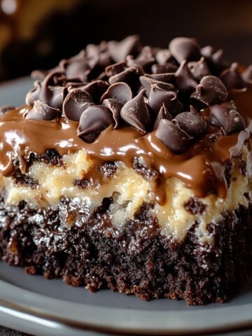 A rich slice of homemade German chocolate poke cake topped with gooey coconut-pecan filling, melted chocolate, and chocolate chips, served on a gray plate.
