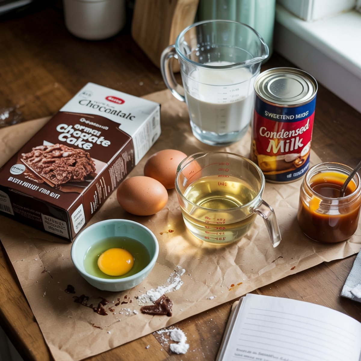 Ingredients for homemade German chocolate poke cake on a wooden counter, including cake mix, eggs, milk, oil, condensed milk, caramel sauce, and a cracked egg in a bowl.