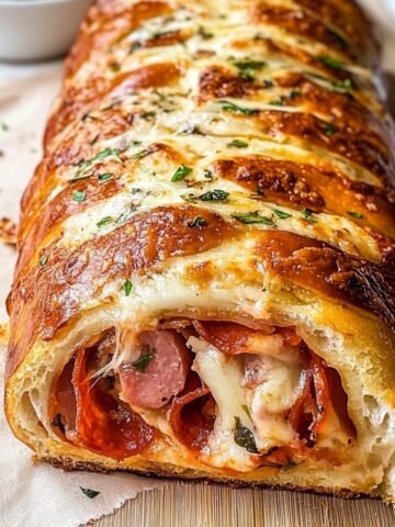 A golden-brown homemade Italian stromboli filled with melted mozzarella, pepperoni, sausage, and fresh herbs. The crust is perfectly crispy with a soft, fluffy interior and topped with melted cheese and parsley. Served with a side of green pesto sauce.
