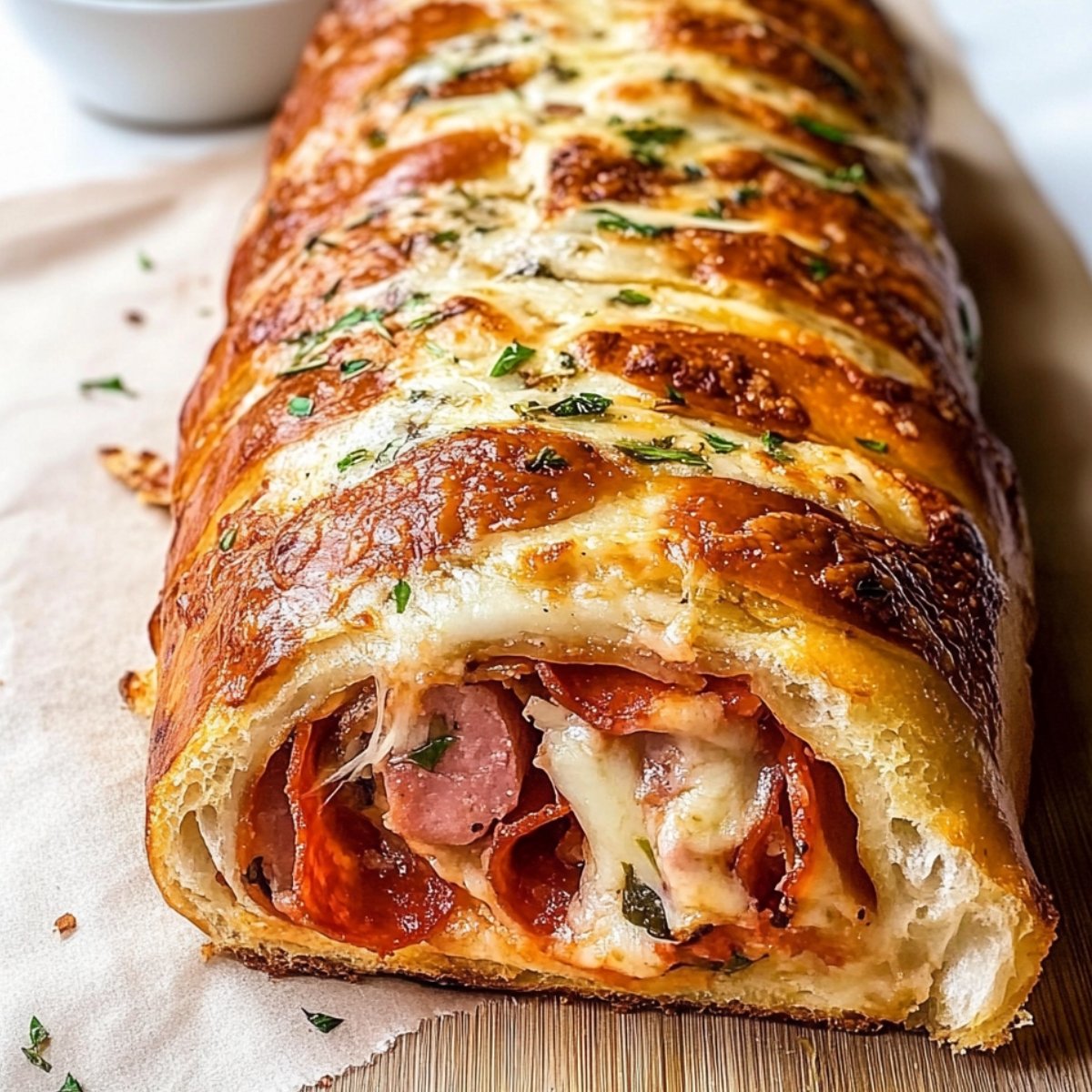 A golden-brown homemade Italian stromboli filled with melted mozzarella, pepperoni, sausage, and fresh herbs. The crust is perfectly crispy with a soft, fluffy interior and topped with melted cheese and parsley. Served with a side of green pesto sauce.