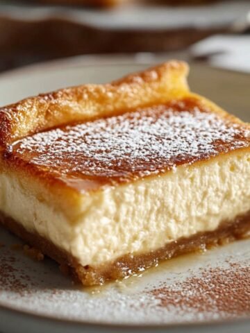 Close-up of a homemade sopapilla cheesecake bar with a golden-brown crescent dough crust, creamy cheesecake filling, and a cinnamon-sugar base. Powdered sugar dusts the top, with a sprinkle of cocoa powder on the plate and a fork beside it, all in soft natural lighting.