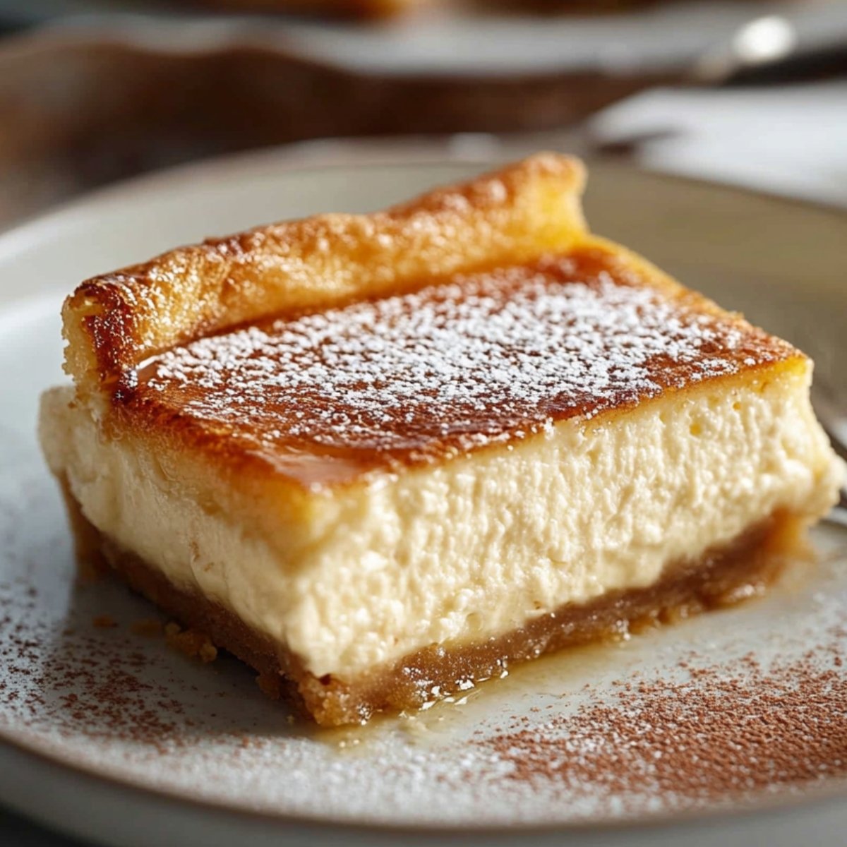 Close-up of a homemade sopapilla cheesecake bar with a golden-brown crescent dough crust, creamy cheesecake filling, and a cinnamon-sugar base. Powdered sugar dusts the top, with a sprinkle of cocoa powder on the plate and a fork beside it, all in soft natural lighting.