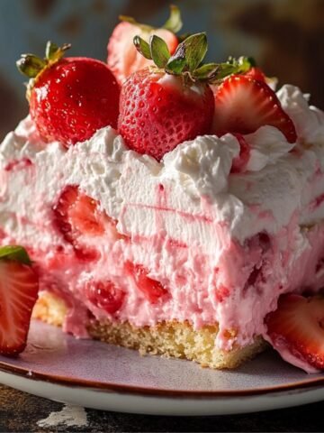 A slice of homemade strawberry poke cake topped with whipped cream and fresh strawberries, showing creamy layers and a moist vanilla base.
