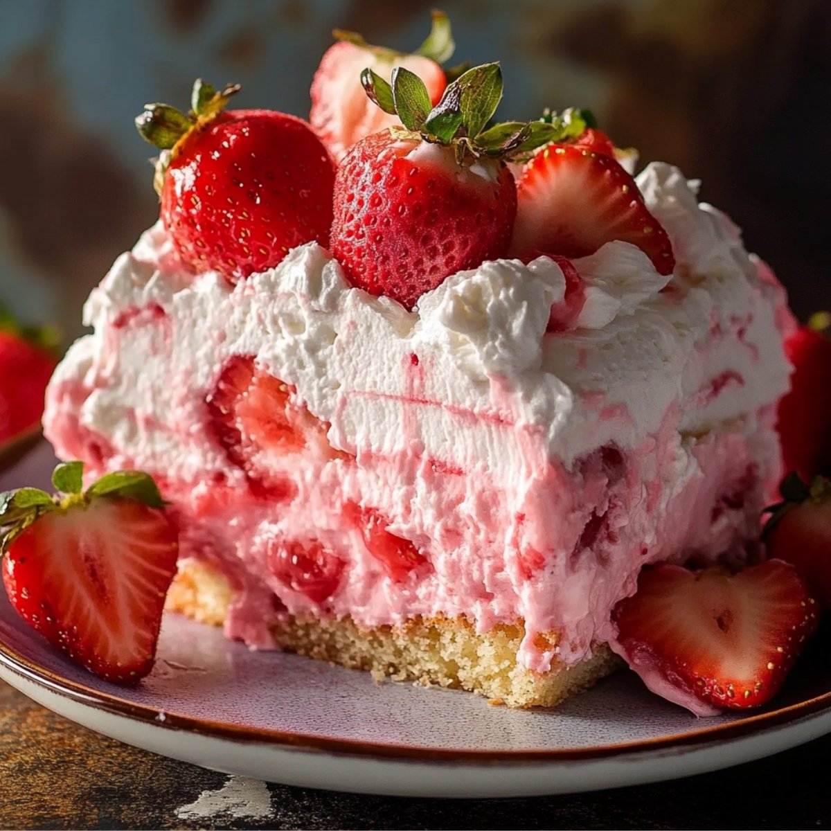 A slice of homemade strawberry poke cake topped with whipped cream and fresh strawberries, showing creamy layers and a moist vanilla base.