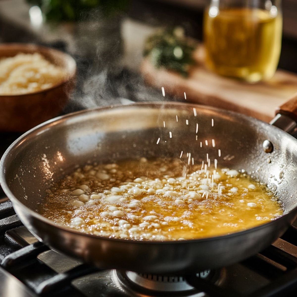 Butter and garlic bubbling in a skillet as Parmesan is sprinkled in, starting the creamy sauce for shrimp pasta.