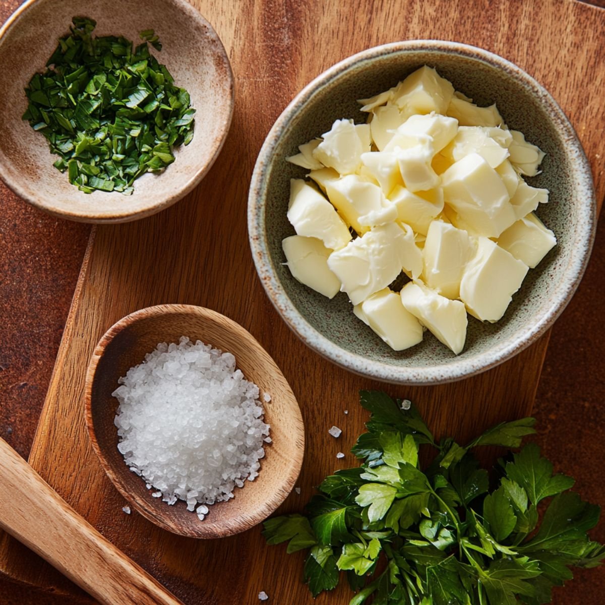 Ingredients for homemade garlic butter: cubed butter, chopped parsley, sea salt, and fresh parsley on a wooden board.