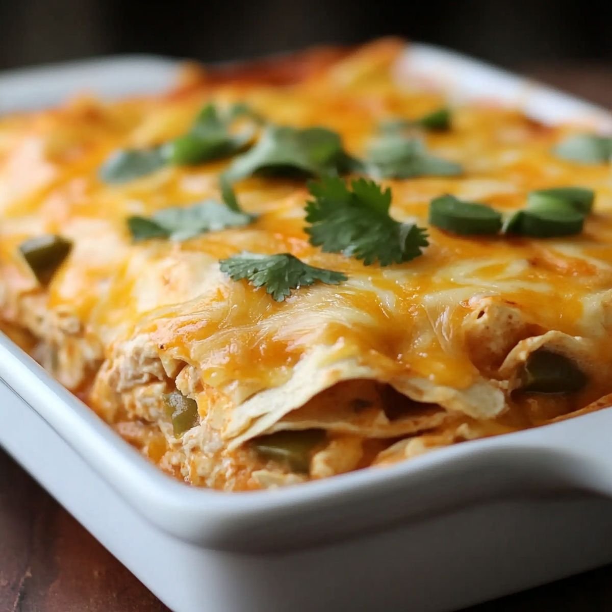 Baked Chicken Enchilada Casserole in a white dish, topped with melted cheese, cilantro, and jalapeños, with layers of tortillas and chicken visible at the edge.