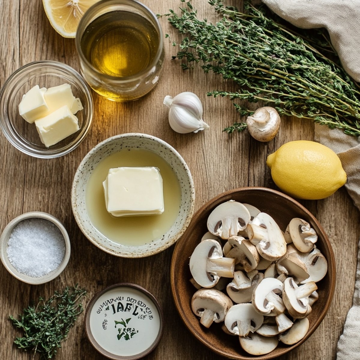 Fresh ingredients for chicken marsala: sliced mushrooms, garlic, lemon, butter, thyme, olive oil, and seasonings on a rustic wooden surface.