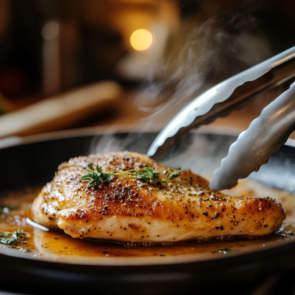 Seared, golden chicken breast in a skillet with thyme and pepper, lifted with tongs — hot and ready for creamy Tuscan chicken.