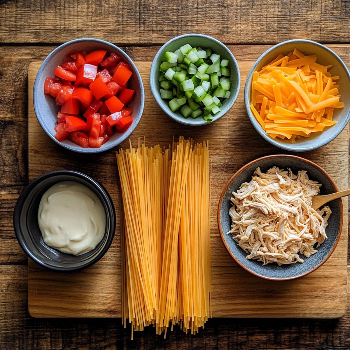 A wooden board with uncooked spaghetti, shredded chicken, diced tomatoes, bell pepper, cheddar cheese, and a small bowl of creamy sauce, all neatly arranged for a homemade chicken spaghetti recipe.