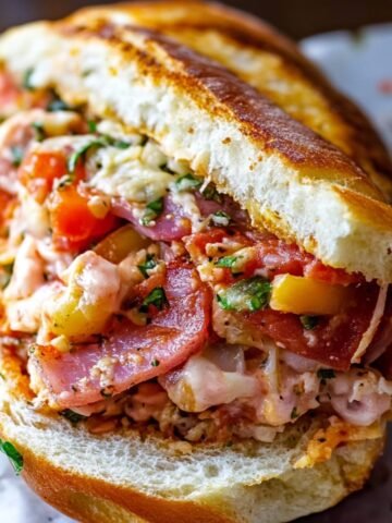Toasted hoagie roll stuffed with chopped italian sandwich meats, melted cheese, tomatoes, peppers, onions, and herbs, all dressed in creamy Italian sauce.