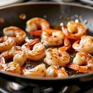 Shrimp searing in a skillet with golden edges, cooked in olive oil for creamy shrimp pasta.