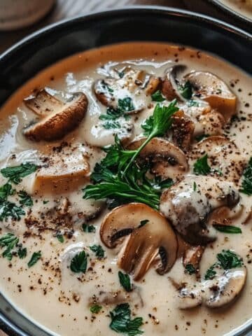 Homemade creamy mushroom soup in a black bowl, topped with parsley and black pepper, with sliced mushrooms in a thick beige broth.