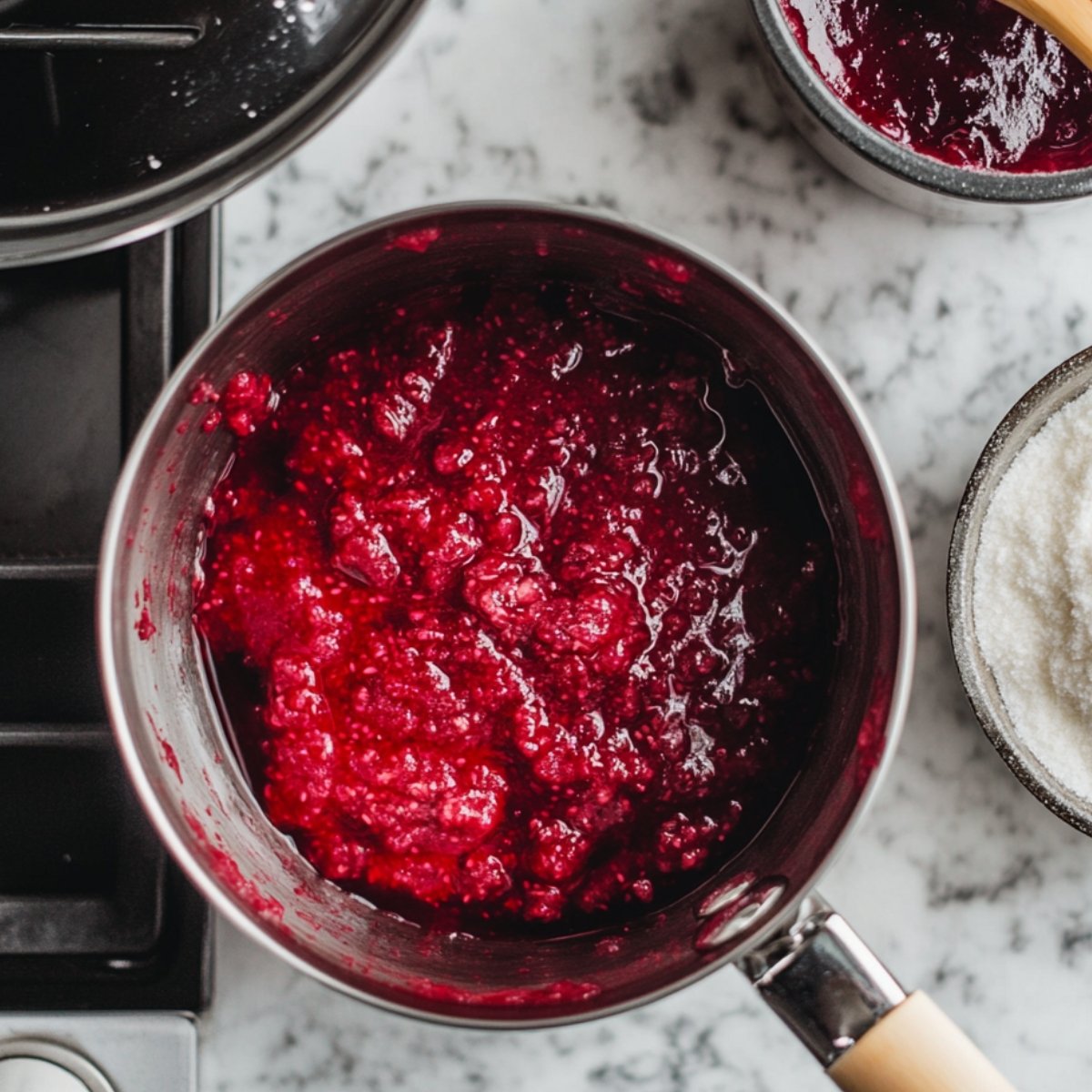 Simmering raspberry filling in a saucepan on a marble counter, with sugar and puree bowls nearby—preparation for a homemade white chocolate raspberry cake.