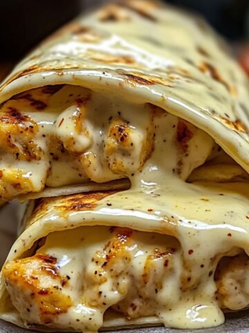 Homemade cheesy garlic chicken wraps with grilled chicken and creamy garlic cheese sauce melting from a toasted tortilla, served fresh and gooey.