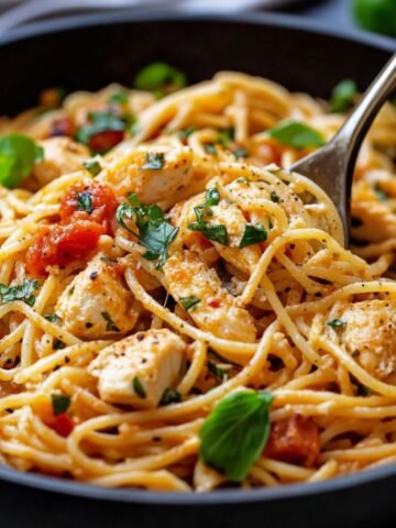 A skillet of homemade Chicken Spaghetti Recipe with golden noodles, juicy chicken chunks, fresh tomato sauce, and garnished with parsley and basil. A fork rests in the pasta, highlighting its warm, rustic, just-cooked appeal.