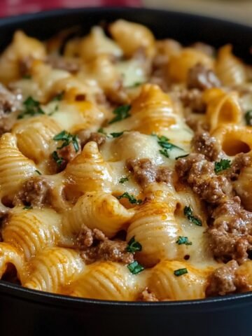 Homemade creamy beef and shells pasta with melted cheese, ground beef, and fresh parsley in a skillet.