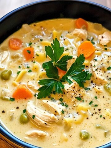 Homemade creamy chicken noodle soup with shredded chicken, egg noodles, carrots, peas, and fresh parsley in a rich, golden broth, served in a black bowl.