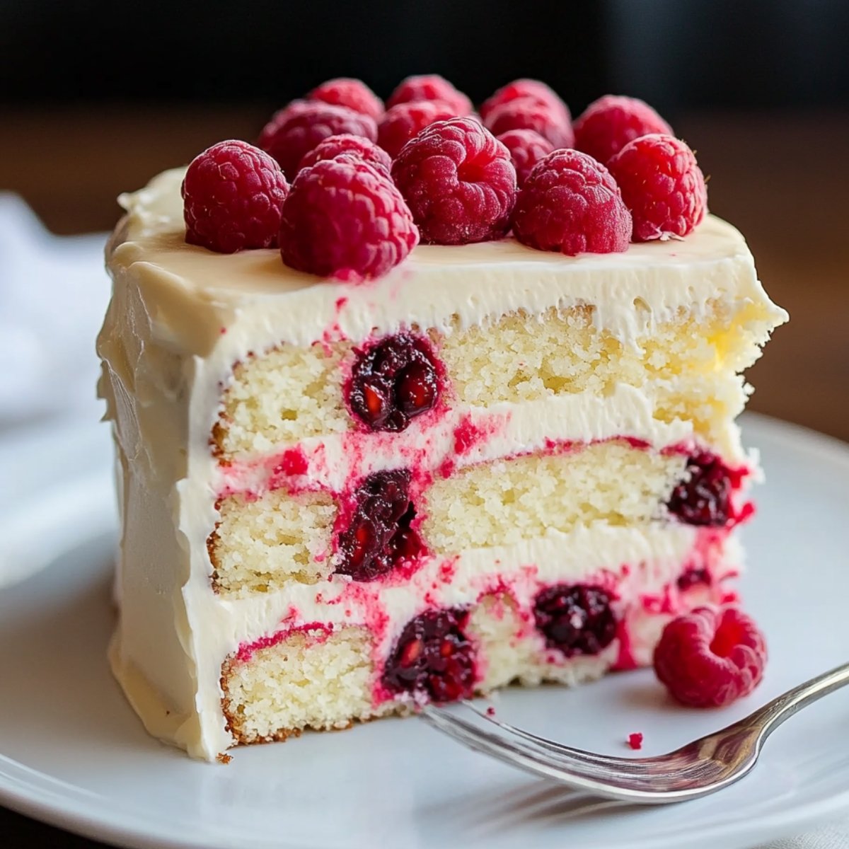 Homemade white chocolate raspberry cake slice with three moist layers, fresh raspberries, and creamy white chocolate frosting, served on a white plate with a fork.
