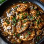 Homemade chicken marsala in a skillet with golden-brown chicken, sautéed mushrooms, caramelized onions, and rich marsala wine sauce, topped with fresh parsley