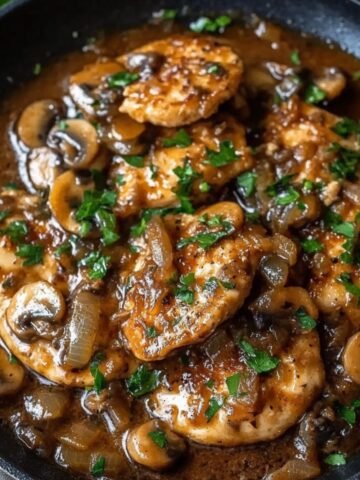 Homemade chicken marsala in a skillet with golden-brown chicken, sautéed mushrooms, caramelized onions, and rich marsala wine sauce, topped with fresh parsley