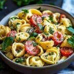 Homemade tortellini pasta salad with cheese tortellini, cherry tomatoes, fresh herbs, and grated Parmesan in a ceramic bowl.