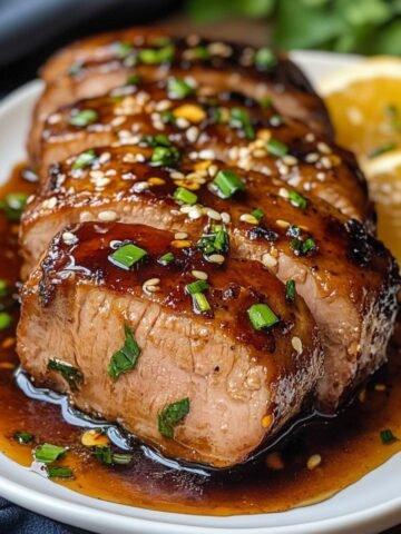 Juicy slices of honey garlic pork tenderloin glazed with a rich, sticky sauce, topped with green onions and sesame seeds, served on a white plate with lemon halves on the side.