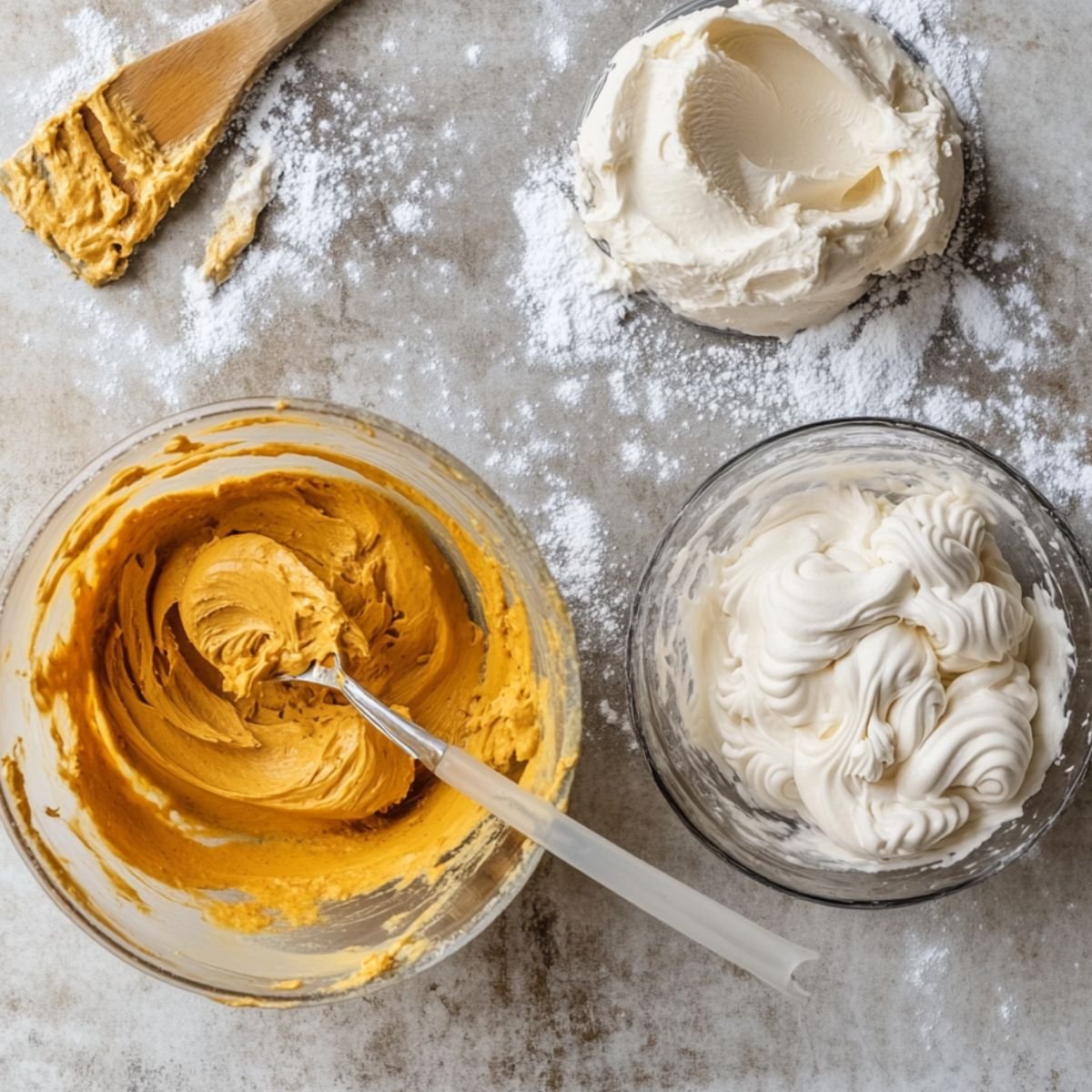 Glass bowls with pumpkin cookie dough and cream cheese filling on a floured surface, with a spatula and scattered powdered sugar showing a cozy, homemade baking scene.