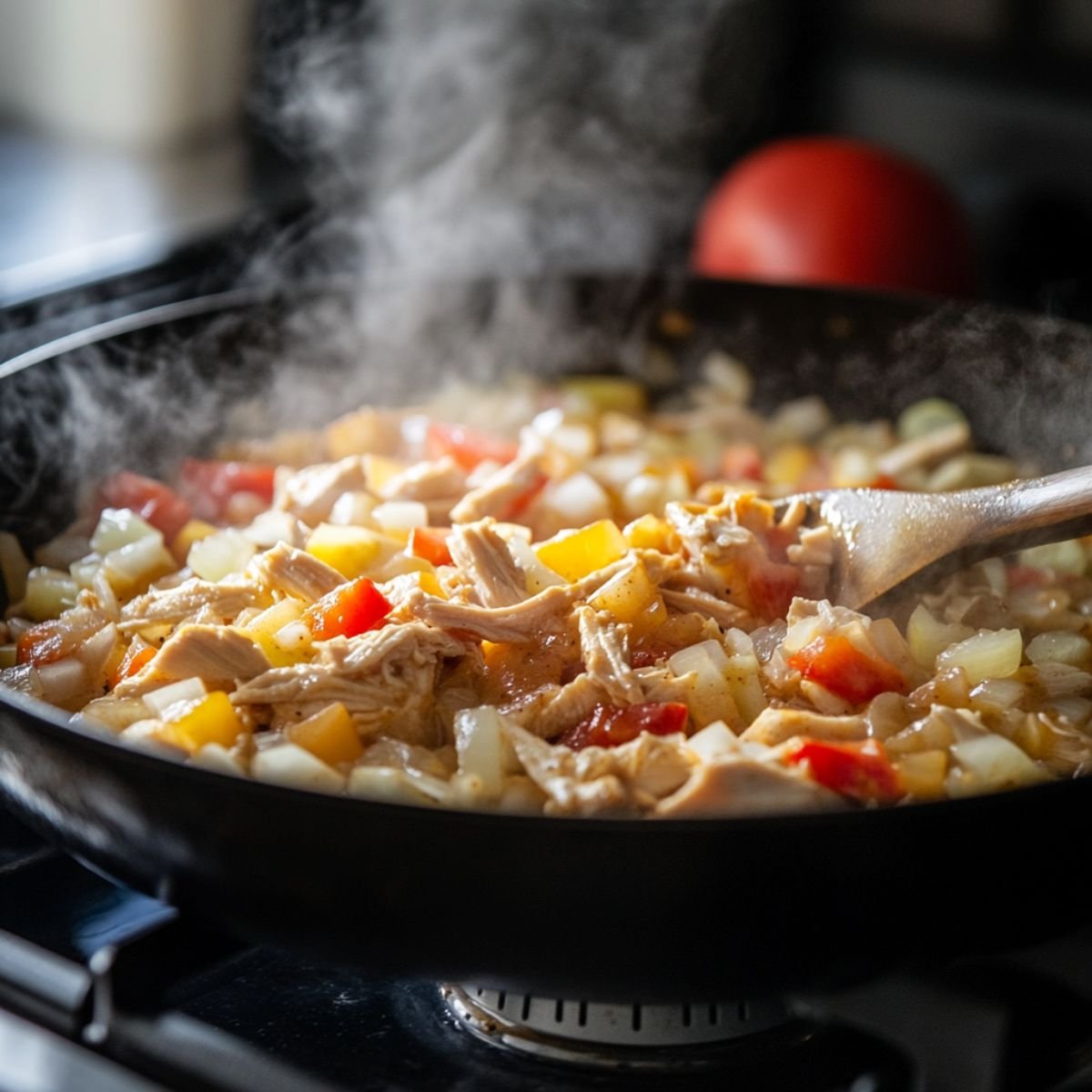 Close-up of a steaming skillet filled with shredded chicken, diced onions, and red and yellow bell peppers being sautéed with spices, stirred with a wooden spoon on a stovetop.