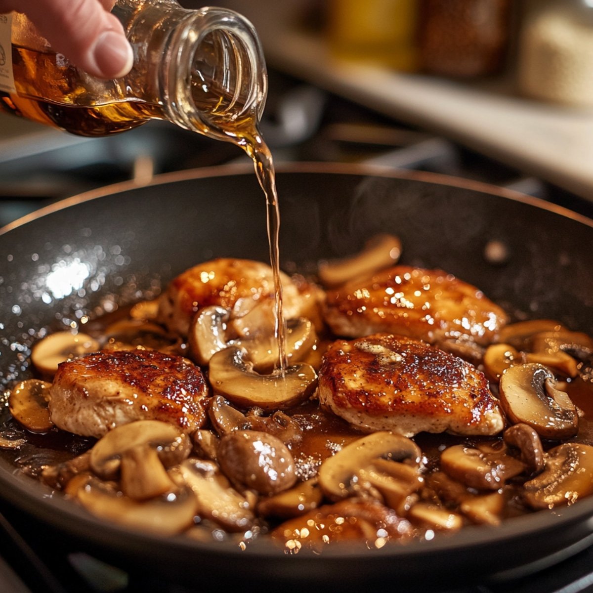 Seared chicken and mushrooms in a skillet as Marsala wine is poured in, creating a rich, homemade sauce.