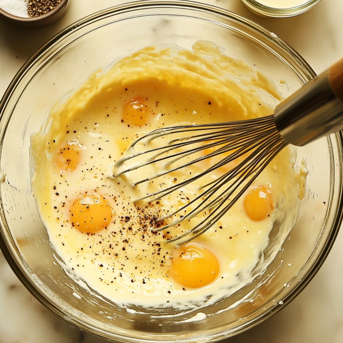 Close-up of eggs, milk, and pepper being whisked in a glass bowl for egg bites. Salt and pepper bowls in the background, cozy homemade prep scene.