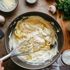 Creamy dressing being whisked with tortellini in a bowl, topped with black pepper and surrounded by fresh ingredients.