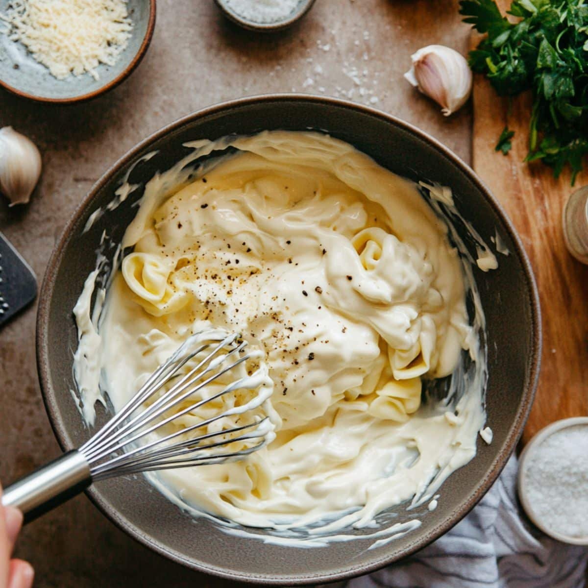 Creamy dressing being whisked with tortellini in a bowl, topped with black pepper and surrounded by fresh ingredients.