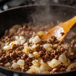 Ground beef and diced onions sautéing in a skillet with steam rising, stirred with a wooden spoon-part of a homemade creamy beef and shells recipe.
