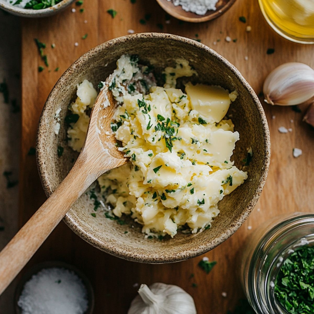Bowl of softened butter mixed with chopped parsley, surrounded by garlic, salt, and herbs on a wooden surface—prepping garlic butter for homemade wraps.