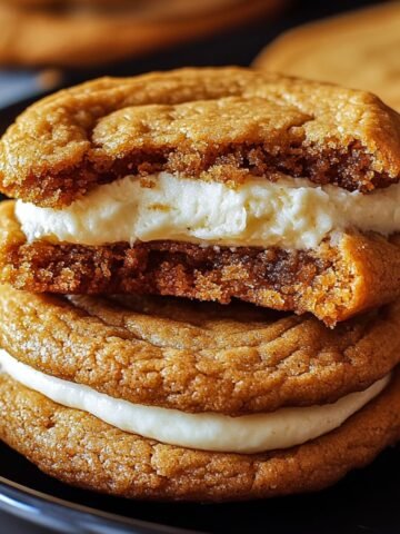 Homemade Pumpkin Cheesecake Cookies with creamy cheesecake filling, with one cookie bitten to show the moist, spiced center and smooth filling on a black plate.
