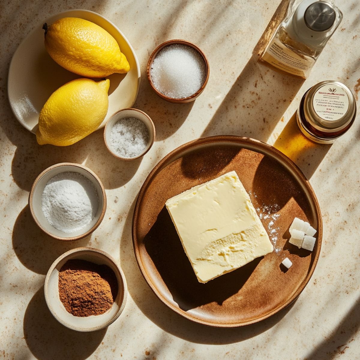 Sunlit countertop with ingredients for pumpkin cheesecake cookies: block of butter, lemons, sugar cubes, vanilla extract, and small bowls of sugar, salt, powdered sugar, and spices.