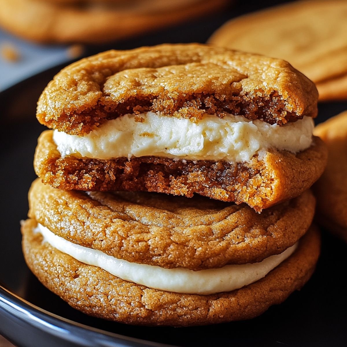 Homemade Pumpkin Cheesecake Cookies with creamy cheesecake filling, with one cookie bitten to show the moist, spiced center and smooth filling on a black plate.