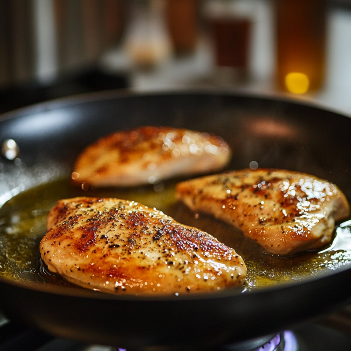 Golden seared chicken breasts cooking in a skillet with butter and oil, steam rising in a cozy kitchen setting.