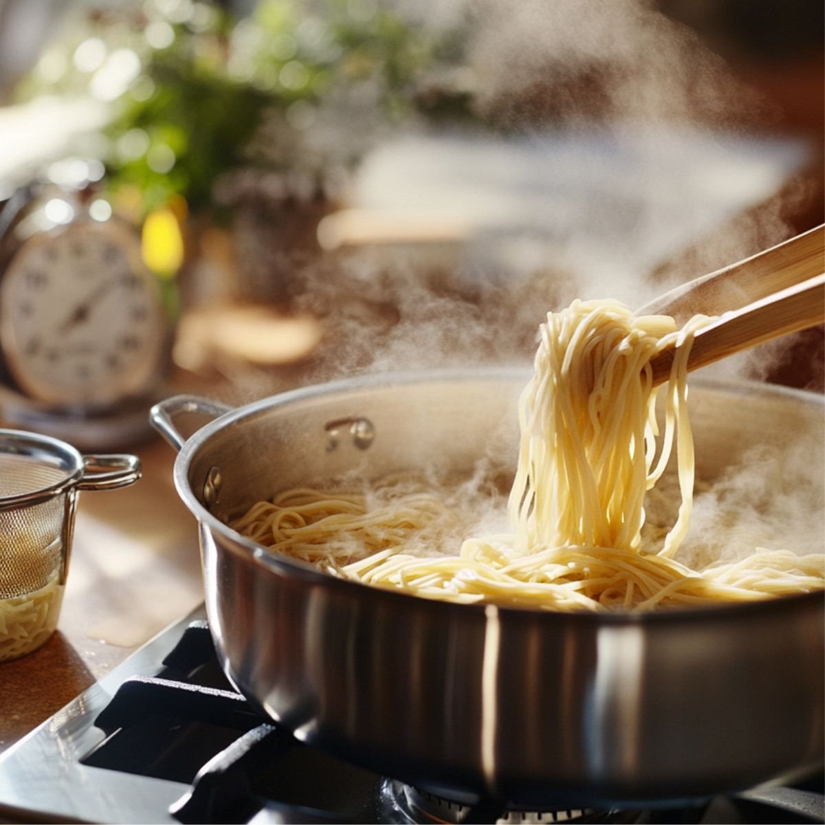 Steaming pasta being lifted from a pot with tongs on a stovetop, freshly cooked for creamy shrimp pasta.