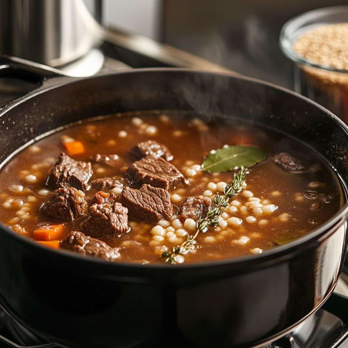 Beef barley soup simmering in a Dutch oven with tender beef, carrots, pearl barley, thyme, and a bay leaf in a rich broth.