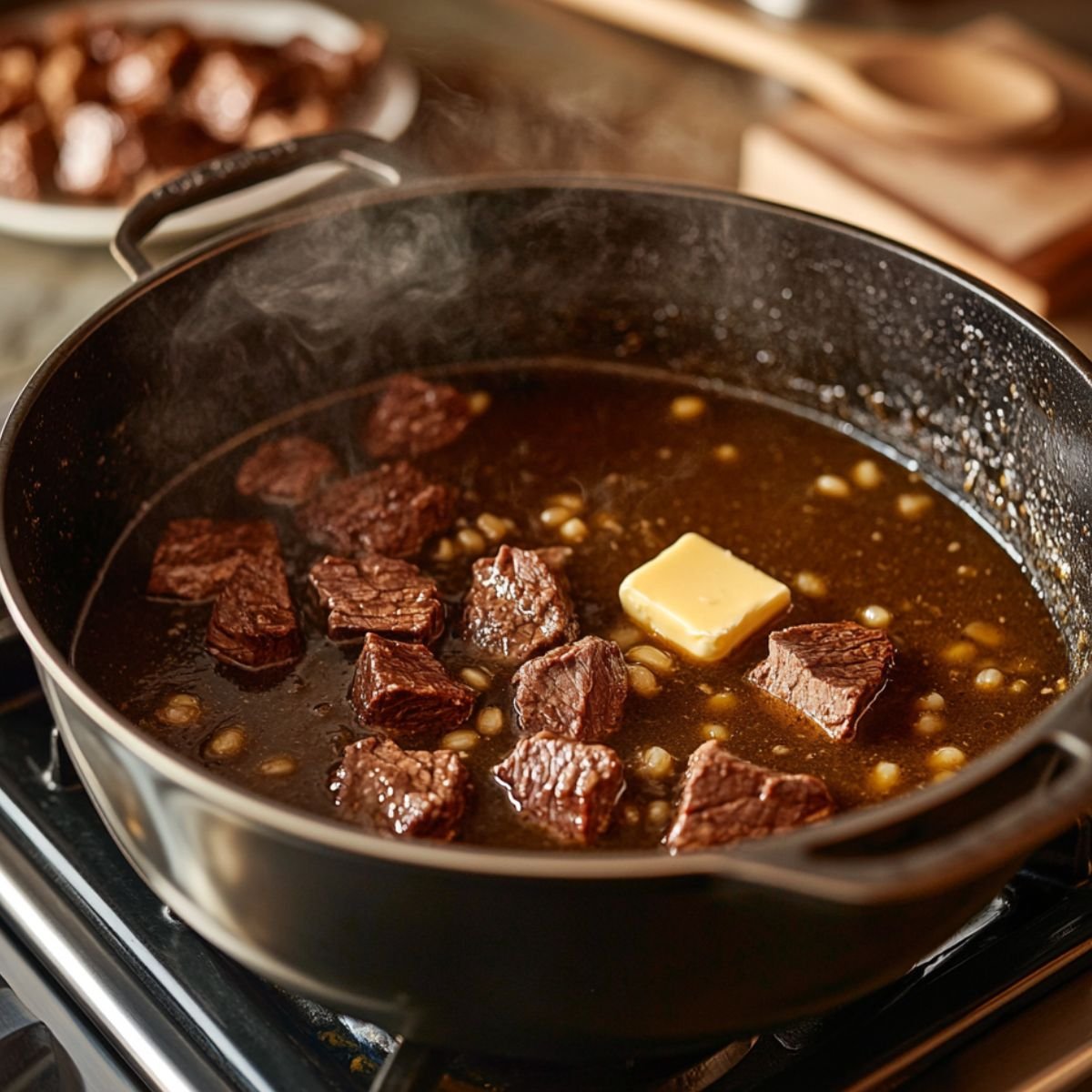 Browned beef chunks simmering in a Dutch oven with butter melting into a rich broth, surrounded by sautéed onions and garlic, in a cozy homemade kitchen setting.