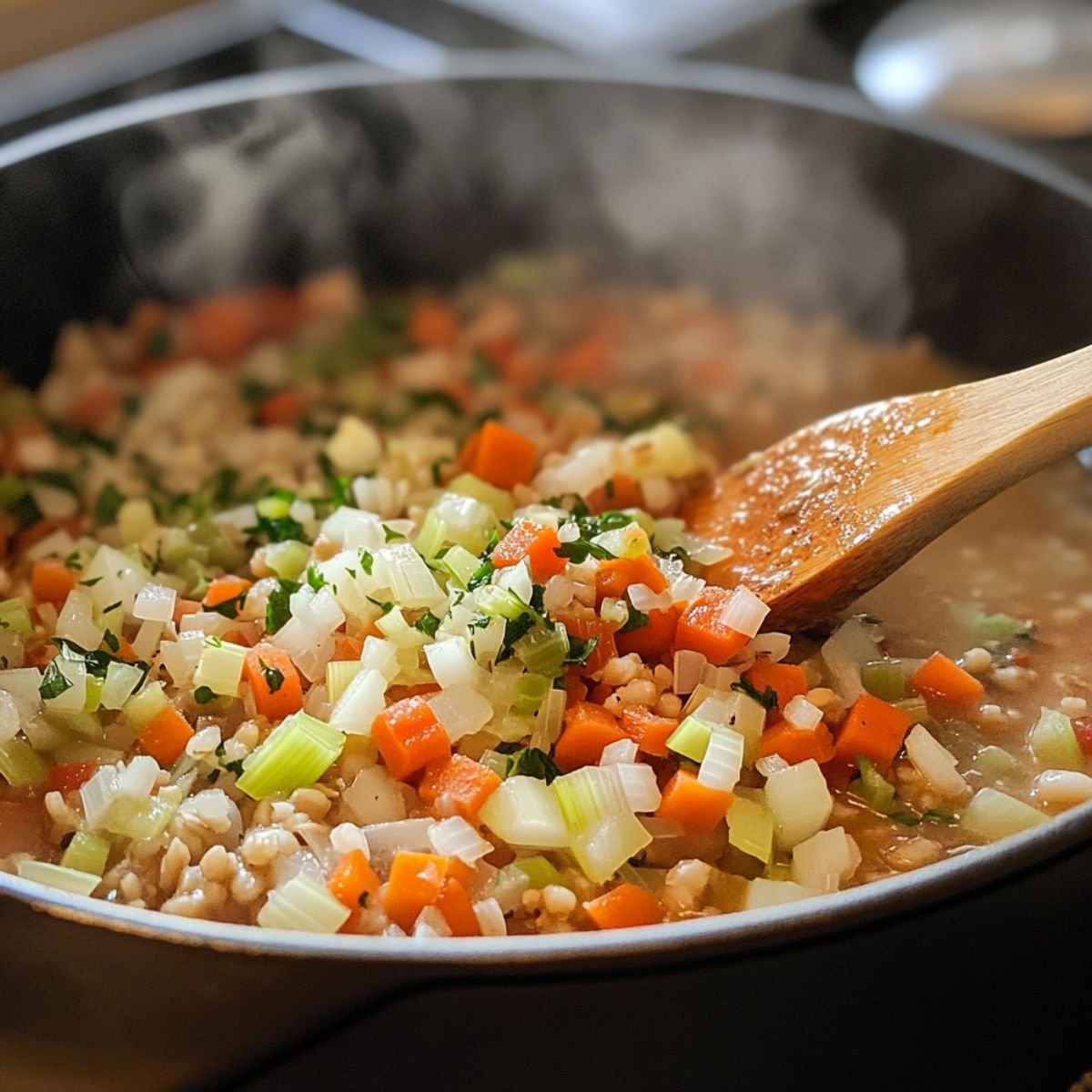 Diced carrots, celery, onions, and parsley simmering with barley in a pot, stirred with a wooden spoon, building the base for homemade beef barley soup.