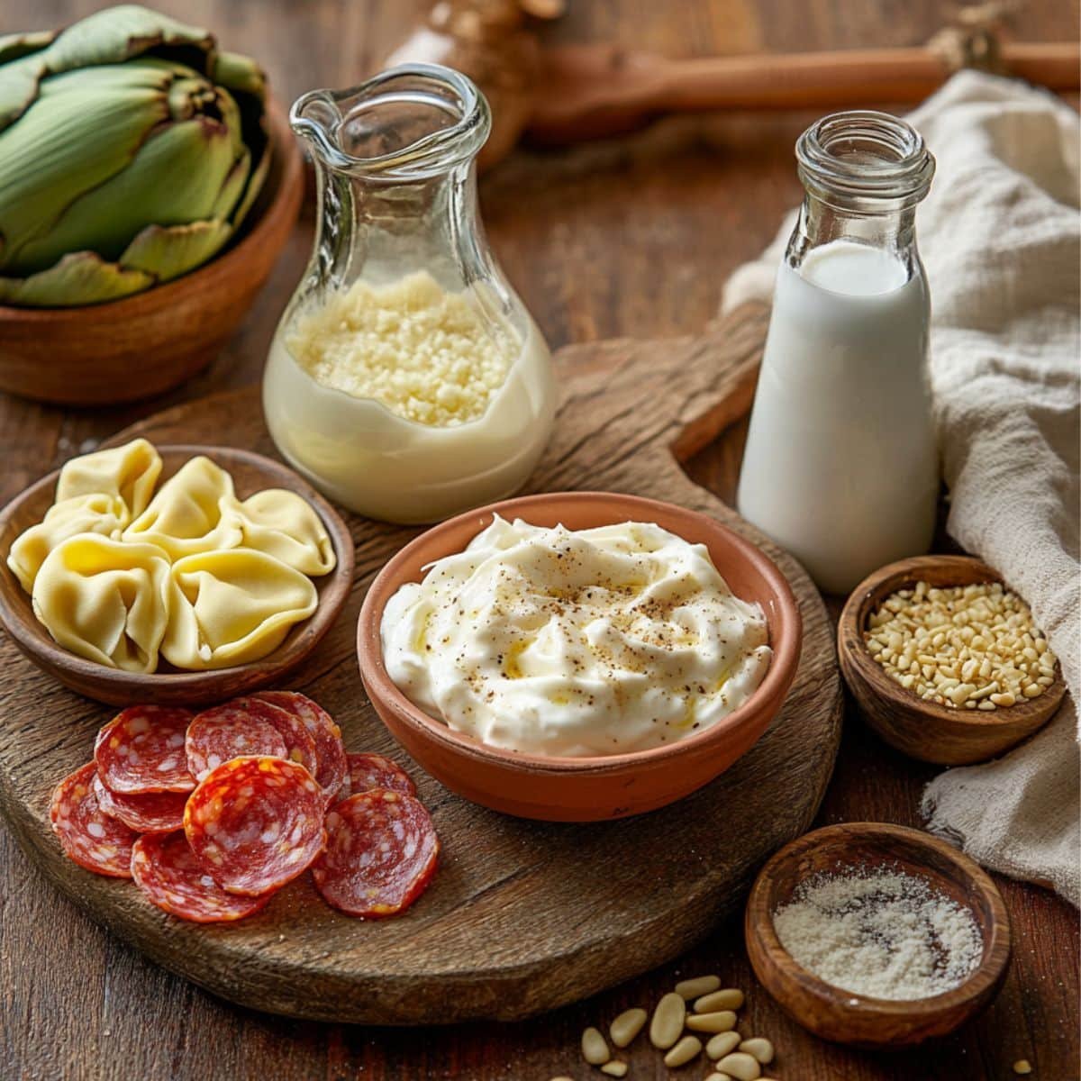 Homemade tortellini pasta salad ingredients including mayonnaise, pepperoni, pine nuts, Parmesan, tortellini, and milk on a rustic wooden board.